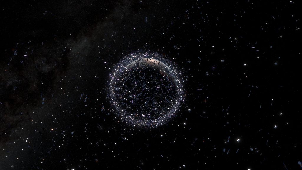 graphic showing satellites crowded around Earth