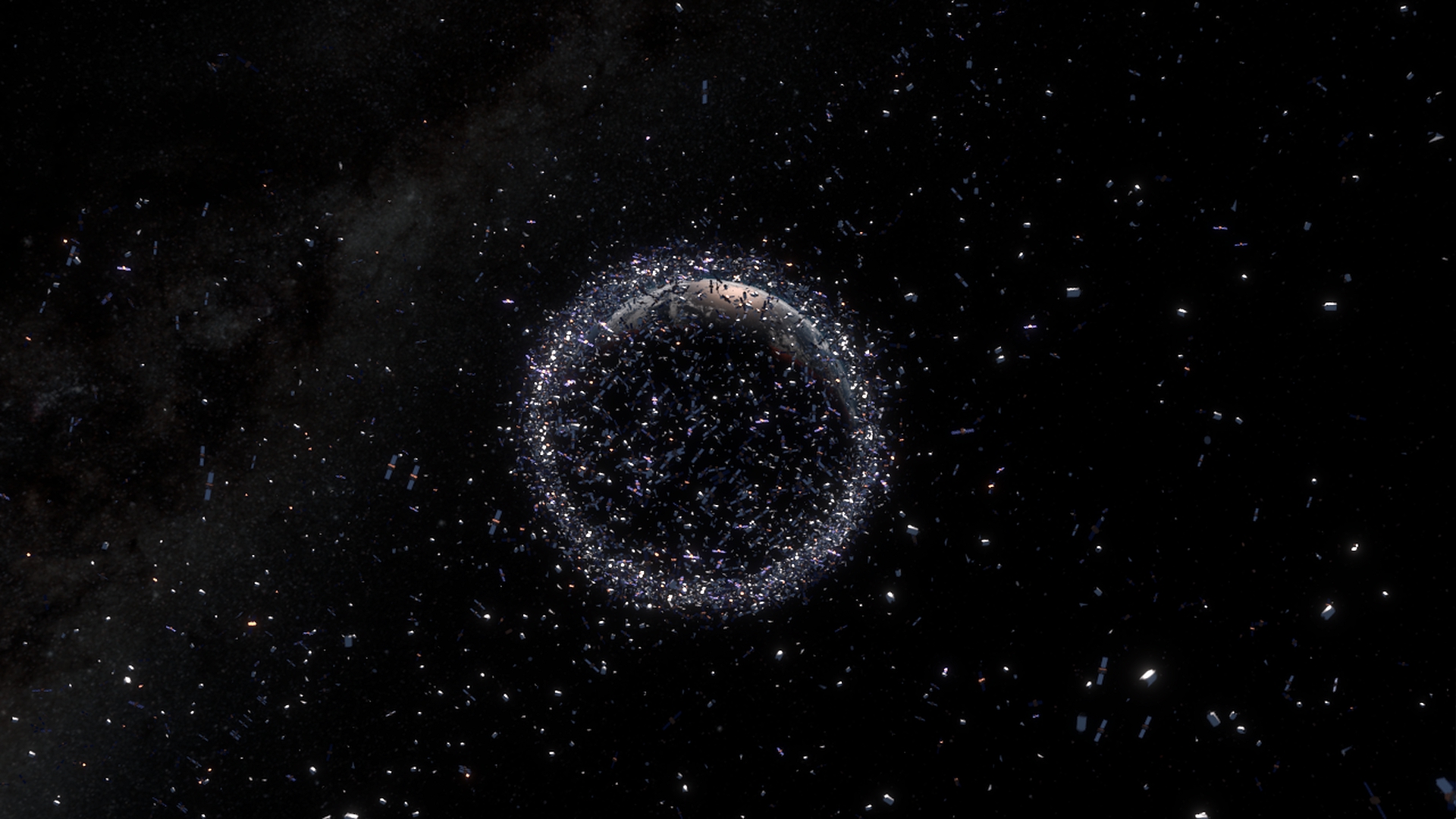 graphic showing satellites crowded around Earth